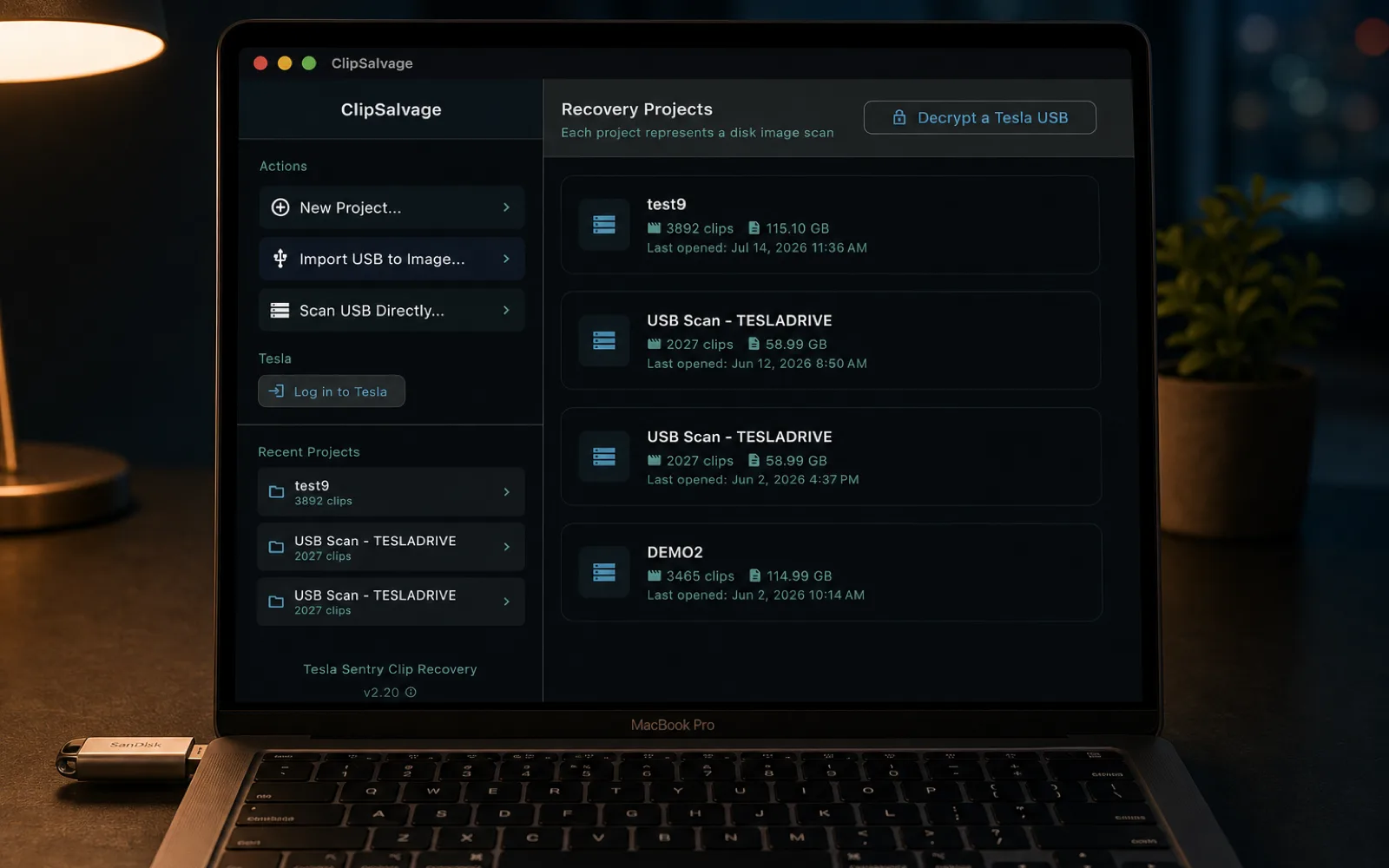 Connecting a Tesla USB drive to ClipSalvage